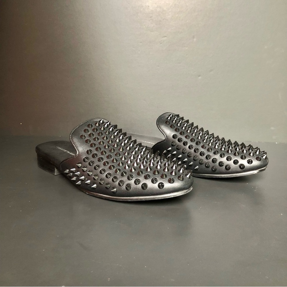 Saks Fifth Avenue Rudy Black Studded Leather Mules Men’s 7 Women’s 8.5 Punk Edgy - Picture 2 of 11